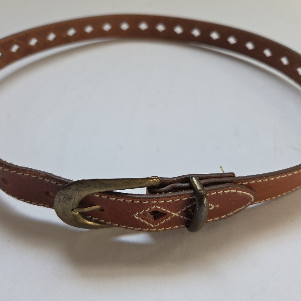 Vintage Partners Women's Small Brown Leather Belt Brass Buckle Cutout Detail
